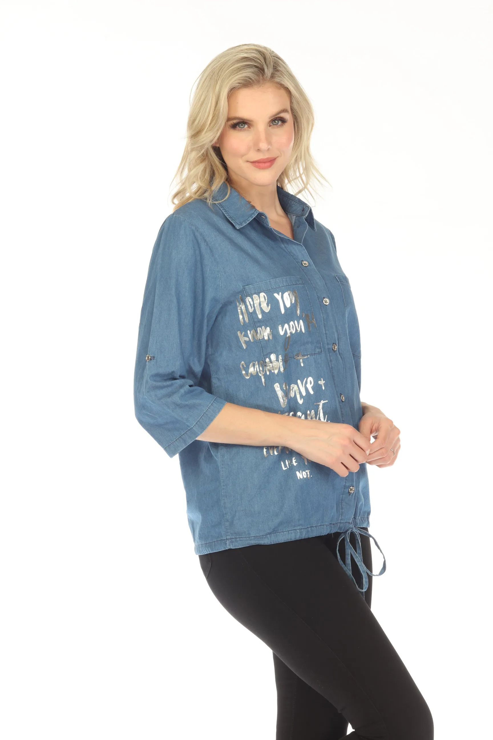 Jane & John by Tricotto Denim Blue Foil Printed Drawstring Waist Shirt J-217