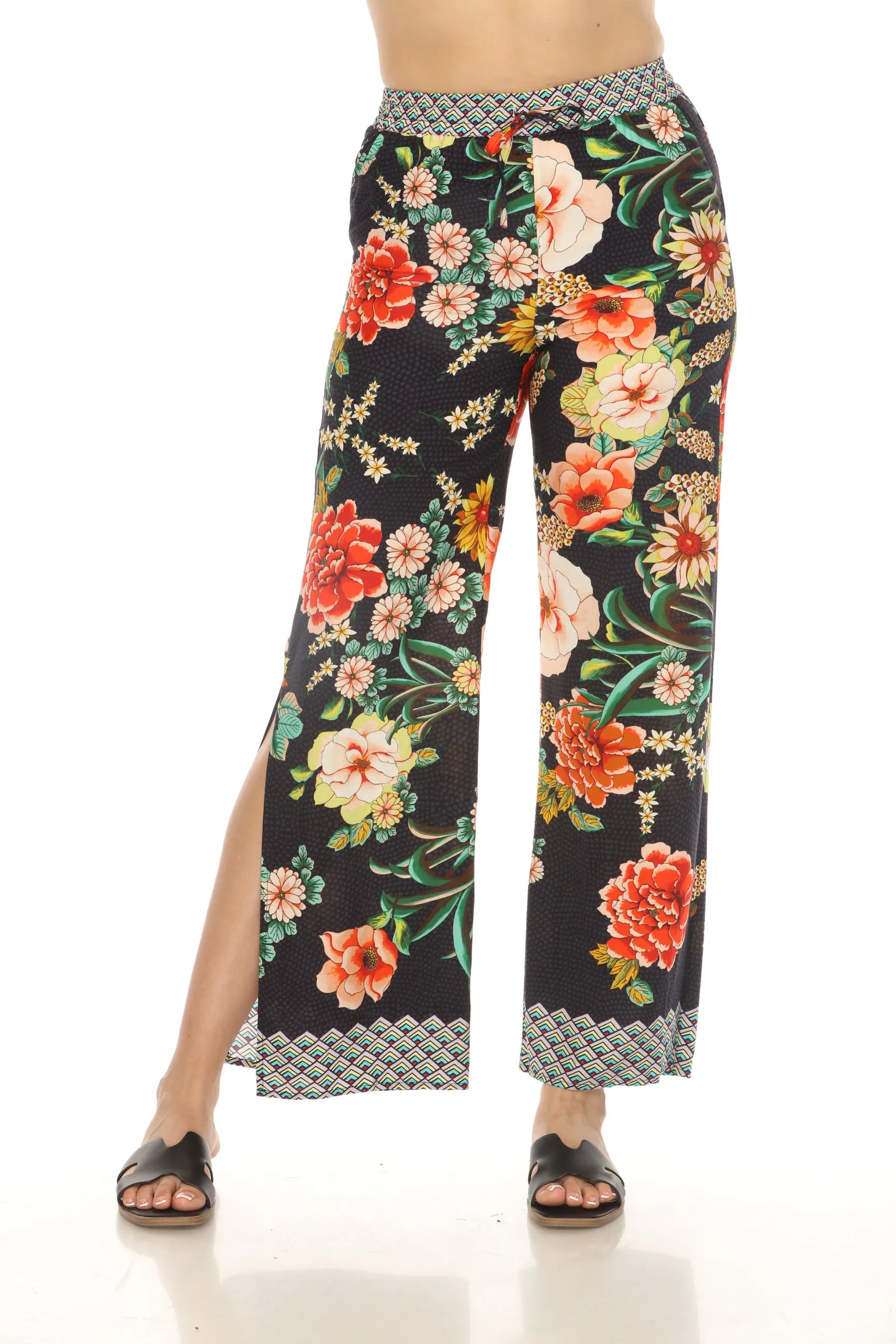 Johnny Was Black Floral Border Split Pants CSW3522-H
