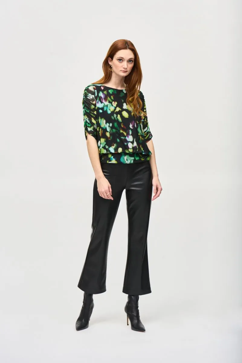 Joseph Ribkoff Black/Multi Abstract Print Mesh Ruched 3/4 Sleeve Top 243193