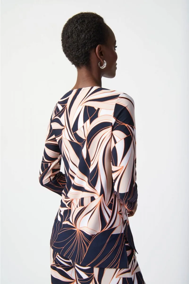 Joseph Ribkoff Midnight Blue/Multi Tropical Print Zip Front 3/4 Sleeve Top 241143
