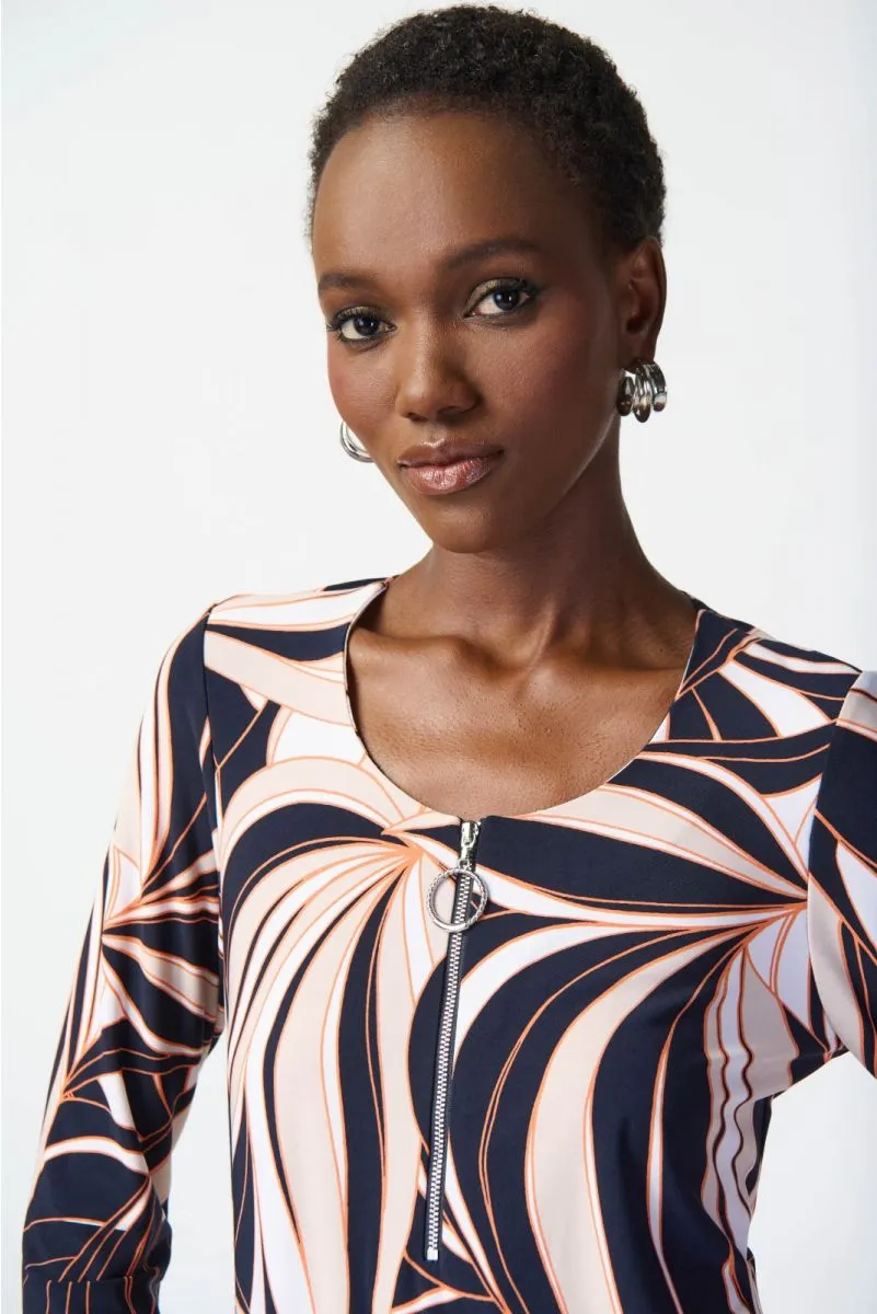 Joseph Ribkoff Midnight Blue/Multi Tropical Print Zip Front 3/4 Sleeve Top 241143