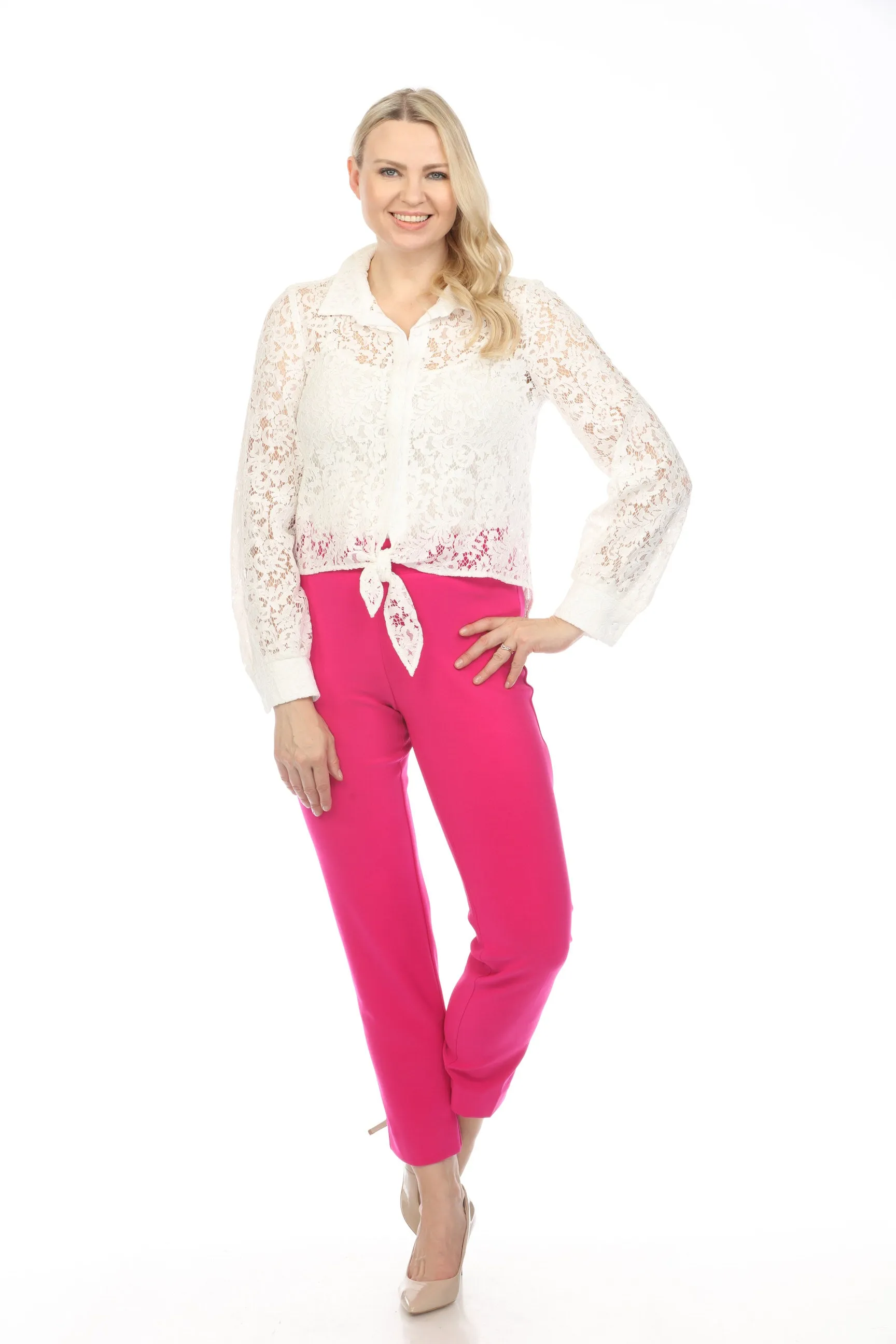 Joseph Ribkoff Vanilla Lace Button-Down Tie Hem Hi-Low Blouse 242081