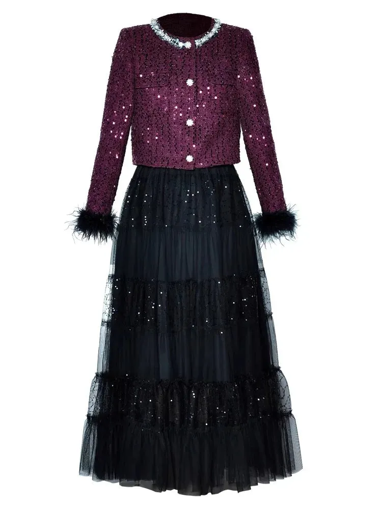 June O-Neck Feather Long Sleeve Tweed Jacket   Elastic Waist Sequins Mesh  Long Skirt 2 piece set