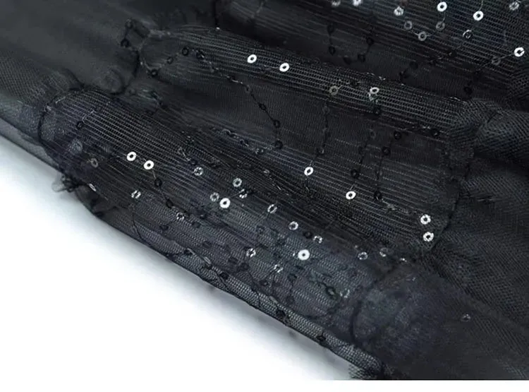 June O-Neck Feather Long Sleeve Tweed Jacket   Elastic Waist Sequins Mesh  Long Skirt 2 piece set