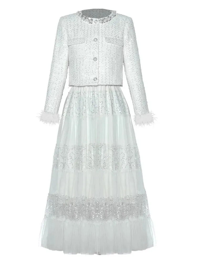 June O-Neck Feather Long Sleeve Tweed Jacket   Elastic Waist Sequins Mesh  Long Skirt 2 piece set