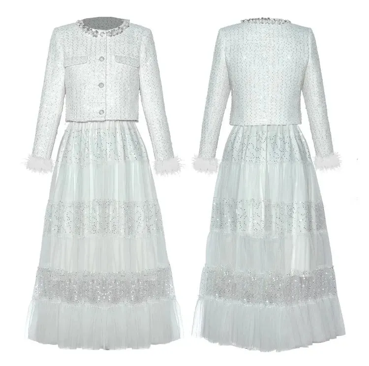 June O-Neck Feather Long Sleeve Tweed Jacket   Elastic Waist Sequins Mesh  Long Skirt 2 piece set
