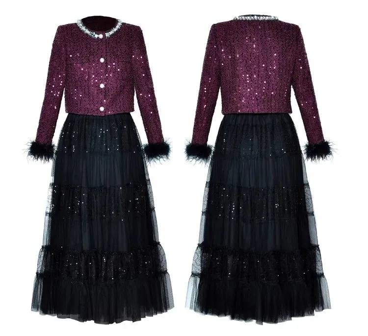 June O-Neck Feather Long Sleeve Tweed Jacket   Elastic Waist Sequins Mesh  Long Skirt 2 piece set