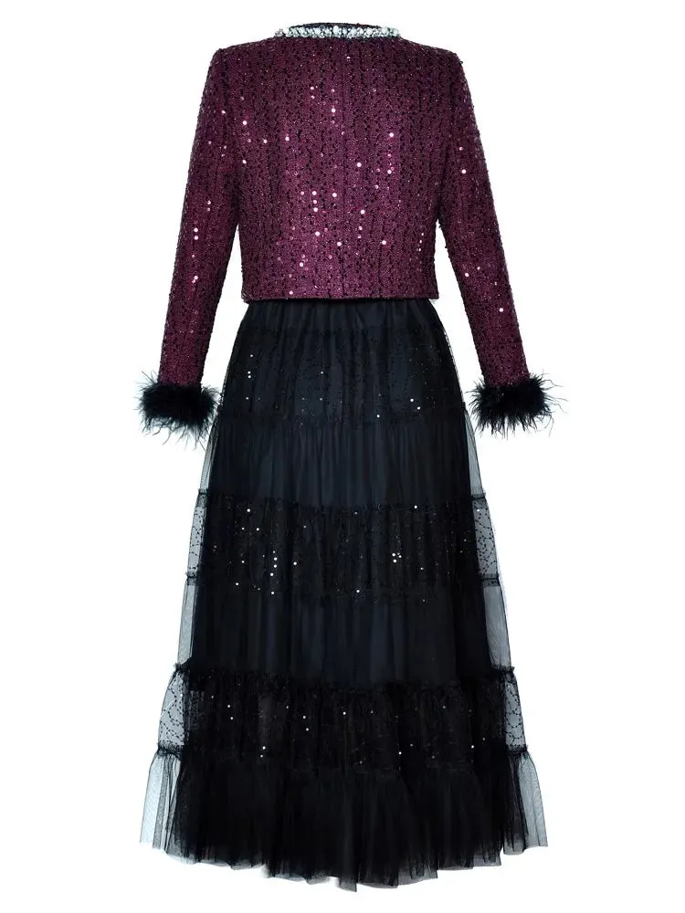 June O-Neck Feather Long Sleeve Tweed Jacket   Elastic Waist Sequins Mesh  Long Skirt 2 piece set
