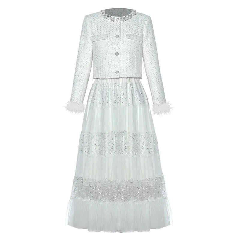 June O-Neck Feather Long Sleeve Tweed Jacket   Elastic Waist Sequins Mesh  Long Skirt 2 piece set