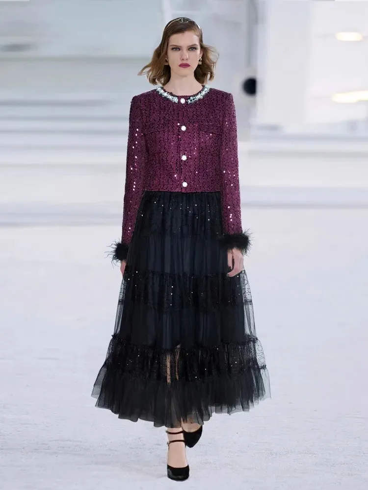 June O-Neck Feather Long Sleeve Tweed Jacket   Elastic Waist Sequins Mesh  Long Skirt 2 piece set