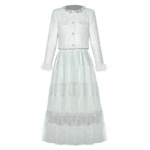 June O-Neck Feather Long Sleeve Tweed Jacket   Elastic Waist Sequins Mesh  Long Skirt 2 piece set