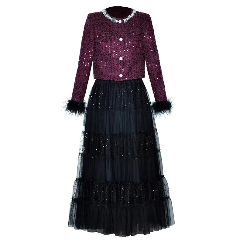 June O-Neck Feather Long Sleeve Tweed Jacket   Elastic Waist Sequins Mesh  Long Skirt 2 piece set