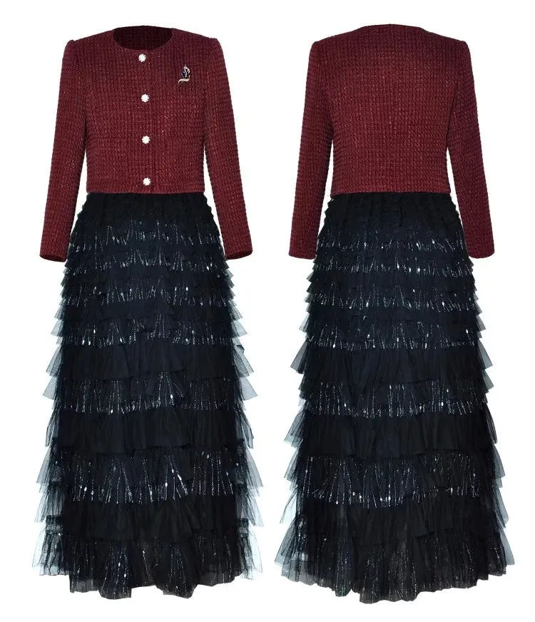 Juniper Brooch Tweed Short Jacket   Elastic Waist  Mesh Cake Long Skirt  2 Piece Set