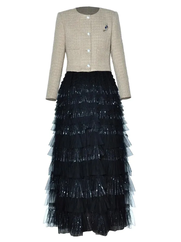 Juniper Brooch Tweed Short Jacket   Elastic Waist  Mesh Cake Long Skirt  2 Piece Set