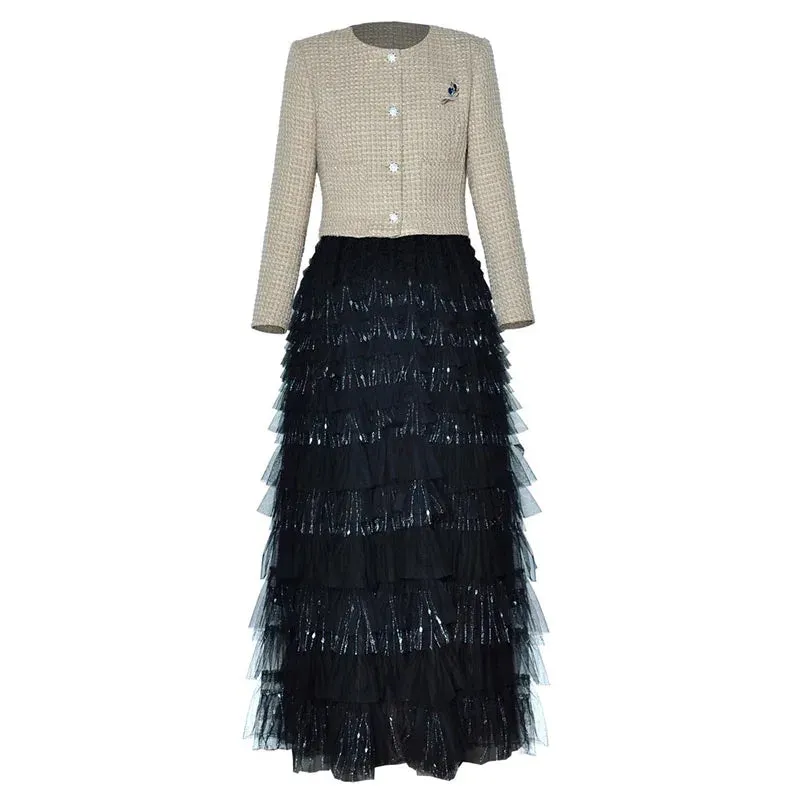 Juniper Brooch Tweed Short Jacket   Elastic Waist  Mesh Cake Long Skirt  2 Piece Set