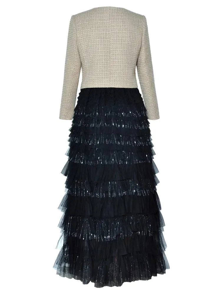 Juniper Brooch Tweed Short Jacket   Elastic Waist  Mesh Cake Long Skirt  2 Piece Set