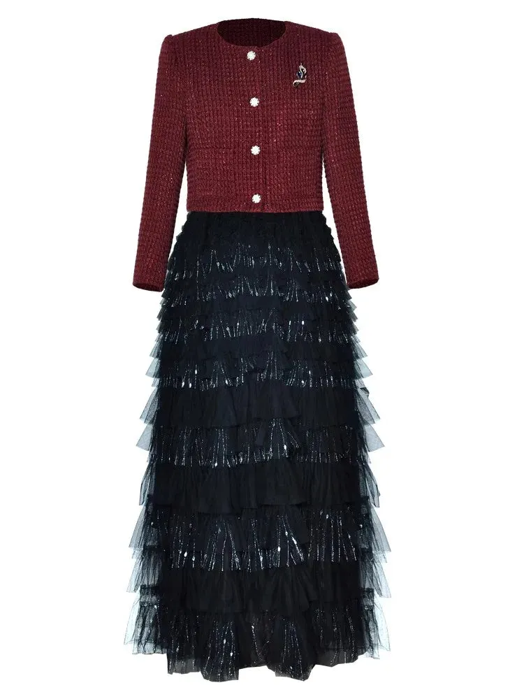 Juniper Brooch Tweed Short Jacket   Elastic Waist  Mesh Cake Long Skirt  2 Piece Set