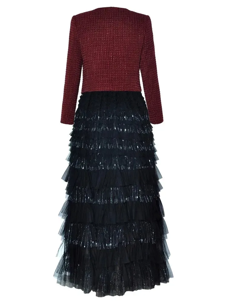 Juniper Brooch Tweed Short Jacket   Elastic Waist  Mesh Cake Long Skirt  2 Piece Set