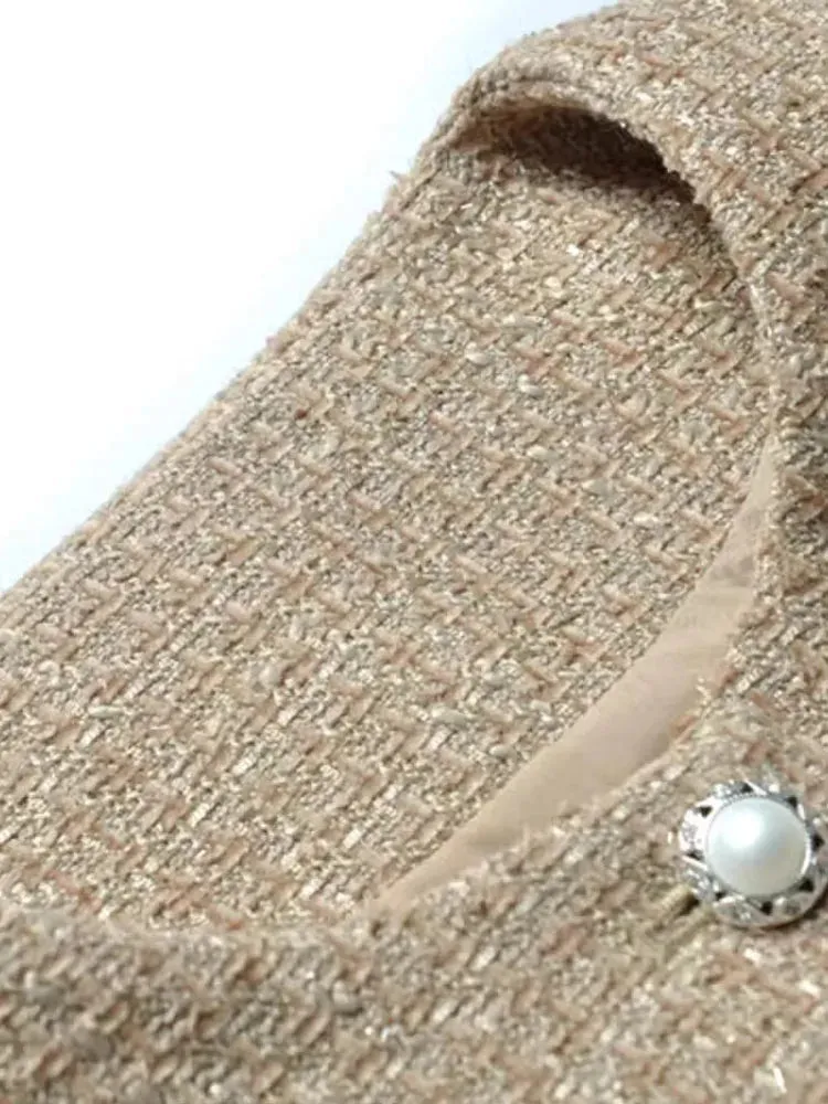 Juniper Brooch Tweed Short Jacket   Elastic Waist  Mesh Cake Long Skirt  2 Piece Set