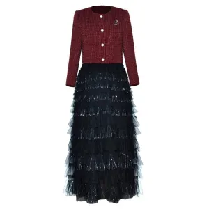 Juniper Brooch Tweed Short Jacket   Elastic Waist  Mesh Cake Long Skirt  2 Piece Set