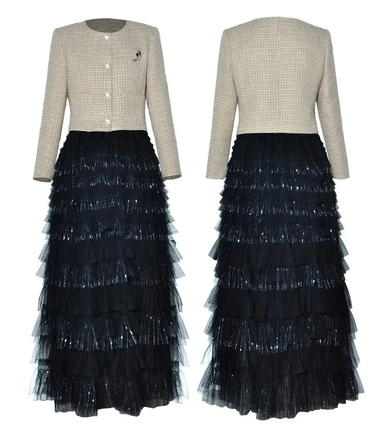 Juniper Brooch Tweed Short Jacket   Elastic Waist  Mesh Cake Long Skirt  2 Piece Set