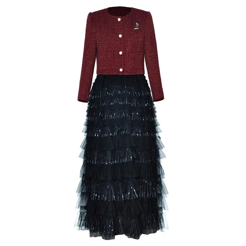 Juniper Brooch Tweed Short Jacket   Elastic Waist  Mesh Cake Long Skirt  2 Piece Set