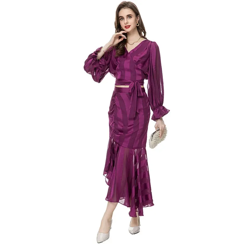Kenia V-Neck Pleated Lantern Long-Sleeved Lace-Up Striped Top Irregular Half Maxi Skirt 2-Piece Set