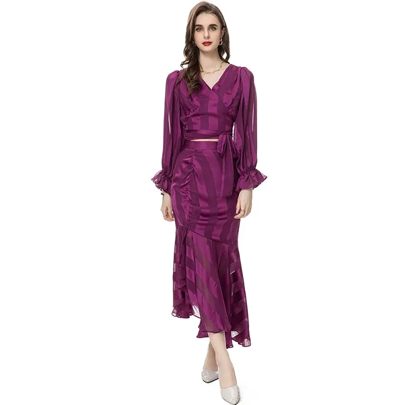 Kenia V-Neck Pleated Lantern Long-Sleeved Lace-Up Striped Top Irregular Half Maxi Skirt 2-Piece Set