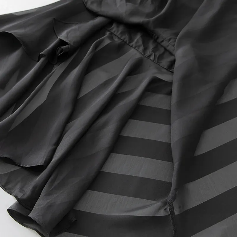 Kenia V-Neck Pleated Lantern Long-Sleeved Lace-Up Striped Top Irregular Half Maxi Skirt 2-Piece Set