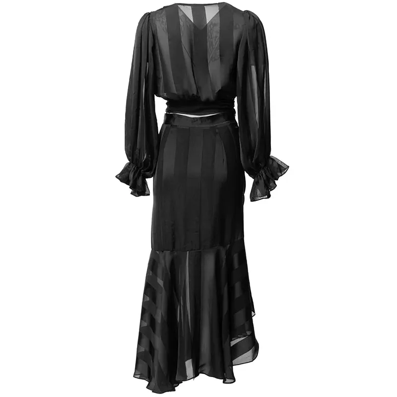 Kenia V-Neck Pleated Lantern Long-Sleeved Lace-Up Striped Top Irregular Half Maxi Skirt 2-Piece Set