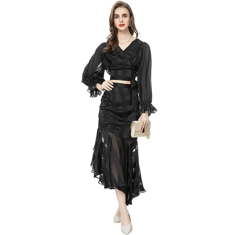 Kenia V-Neck Pleated Lantern Long-Sleeved Lace-Up Striped Top Irregular Half Maxi Skirt 2-Piece Set
