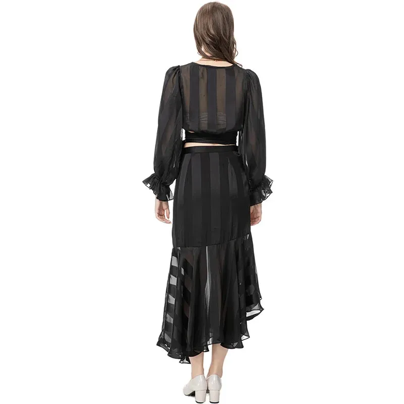 Kenia V-Neck Pleated Lantern Long-Sleeved Lace-Up Striped Top Irregular Half Maxi Skirt 2-Piece Set