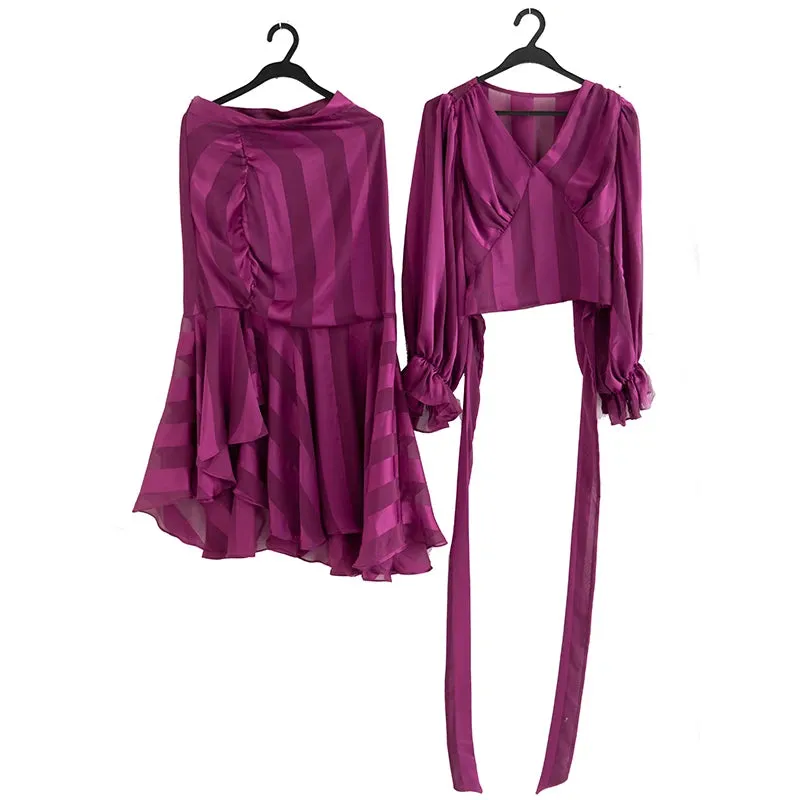 Kenia V-Neck Pleated Lantern Long-Sleeved Lace-Up Striped Top Irregular Half Maxi Skirt 2-Piece Set