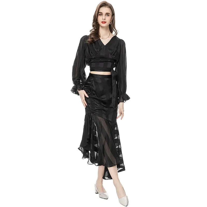 Kenia V-Neck Pleated Lantern Long-Sleeved Lace-Up Striped Top Irregular Half Maxi Skirt 2-Piece Set