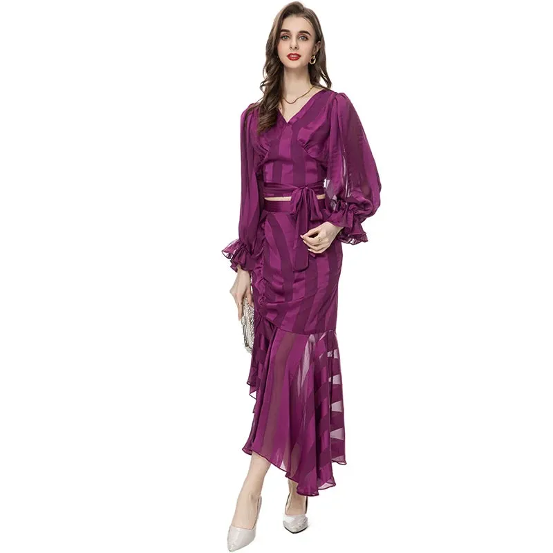 Kenia V-Neck Pleated Lantern Long-Sleeved Lace-Up Striped Top Irregular Half Maxi Skirt 2-Piece Set