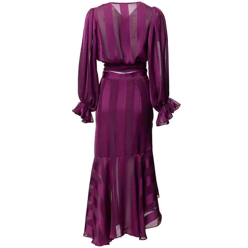 Kenia V-Neck Pleated Lantern Long-Sleeved Lace-Up Striped Top Irregular Half Maxi Skirt 2-Piece Set
