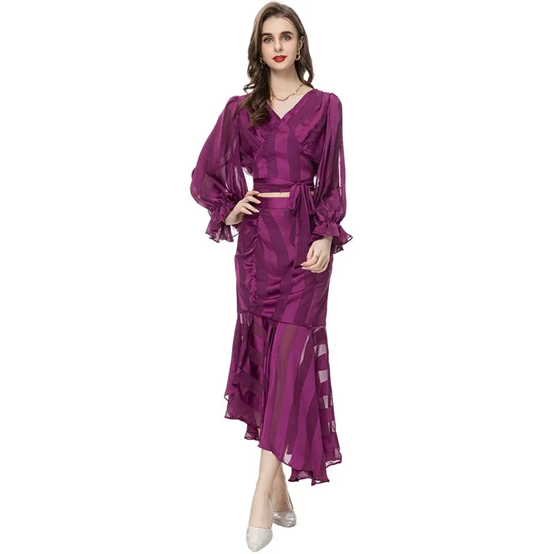 Kenia V-Neck Pleated Lantern Long-Sleeved Lace-Up Striped Top Irregular Half Maxi Skirt 2-Piece Set