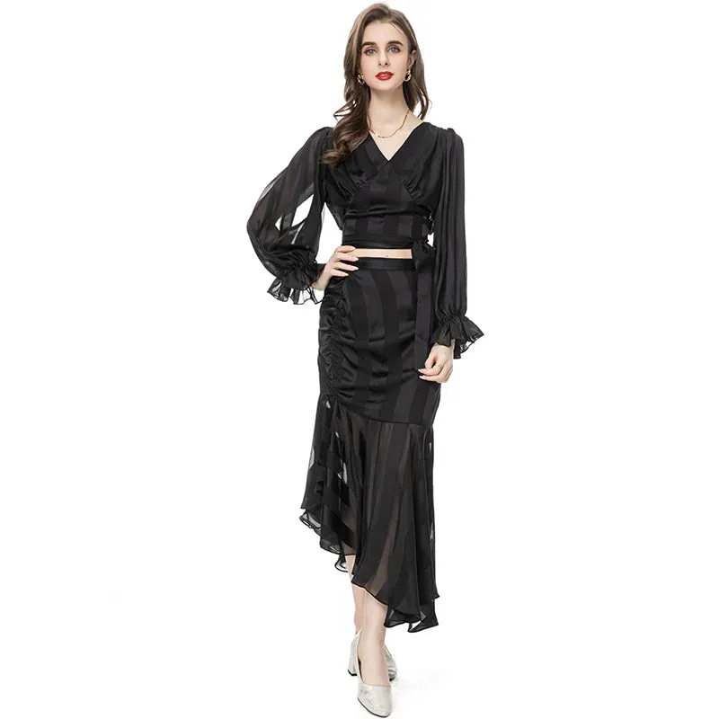 Kenia V-Neck Pleated Lantern Long-Sleeved Lace-Up Striped Top Irregular Half Maxi Skirt 2-Piece Set