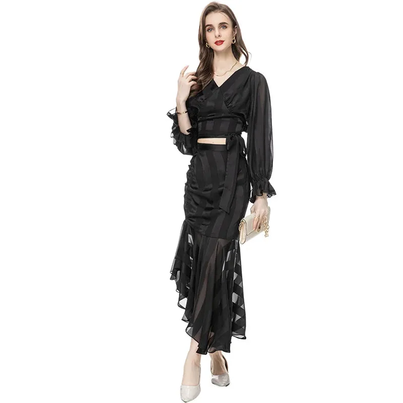 Kenia V-Neck Pleated Lantern Long-Sleeved Lace-Up Striped Top Irregular Half Maxi Skirt 2-Piece Set