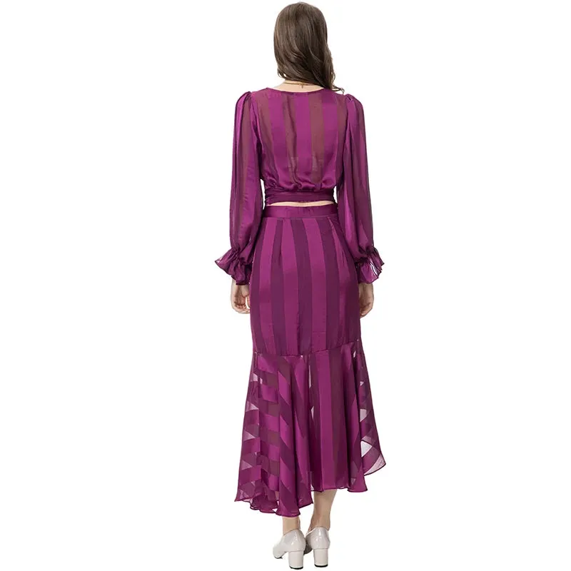 Kenia V-Neck Pleated Lantern Long-Sleeved Lace-Up Striped Top Irregular Half Maxi Skirt 2-Piece Set