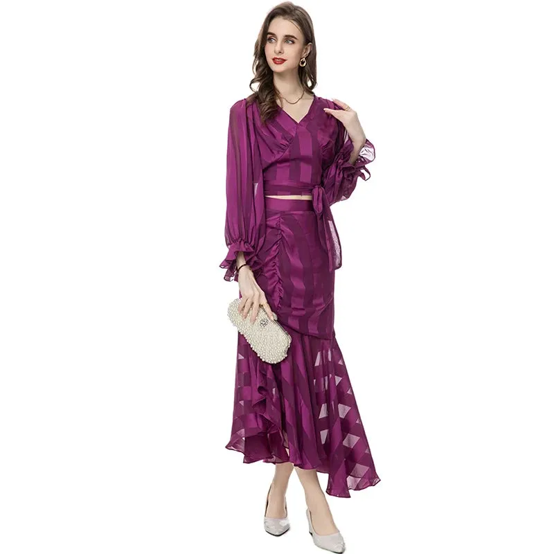 Kenia V-Neck Pleated Lantern Long-Sleeved Lace-Up Striped Top Irregular Half Maxi Skirt 2-Piece Set