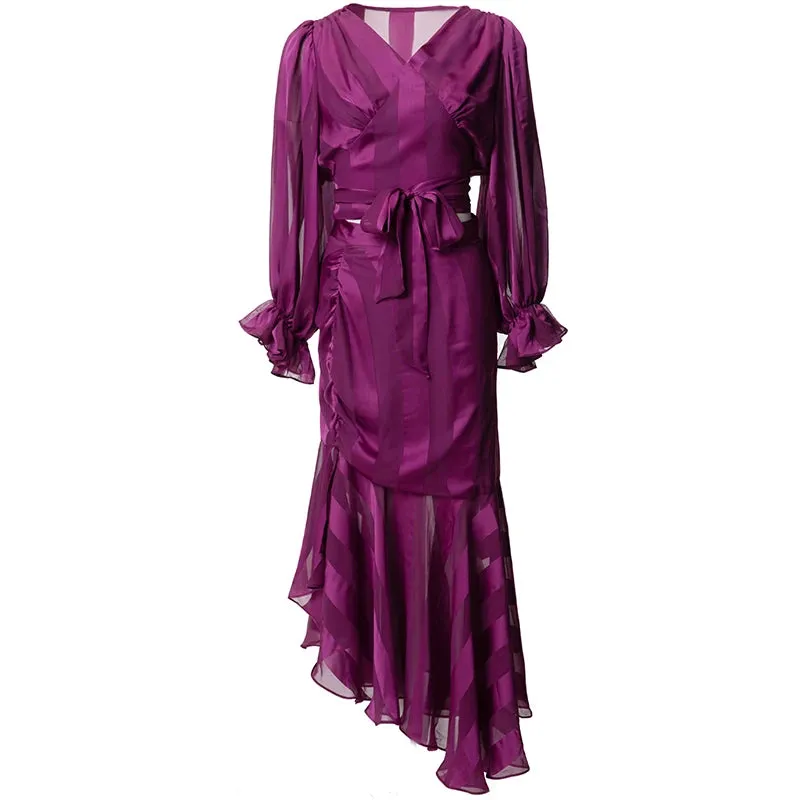 Kenia V-Neck Pleated Lantern Long-Sleeved Lace-Up Striped Top Irregular Half Maxi Skirt 2-Piece Set