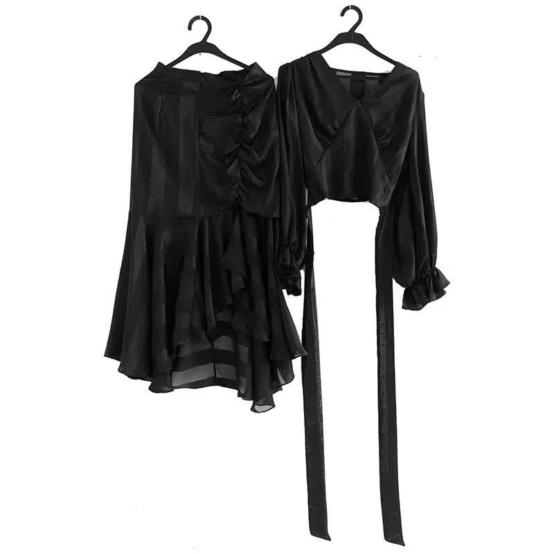 Kenia V-Neck Pleated Lantern Long-Sleeved Lace-Up Striped Top Irregular Half Maxi Skirt 2-Piece Set