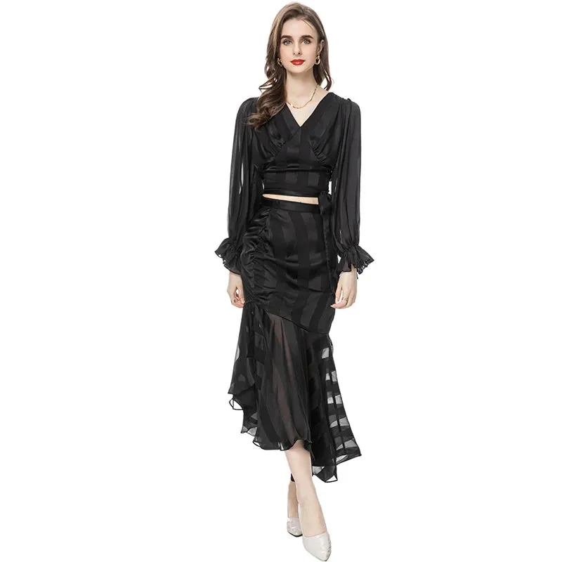 Kenia V-Neck Pleated Lantern Long-Sleeved Lace-Up Striped Top Irregular Half Maxi Skirt 2-Piece Set