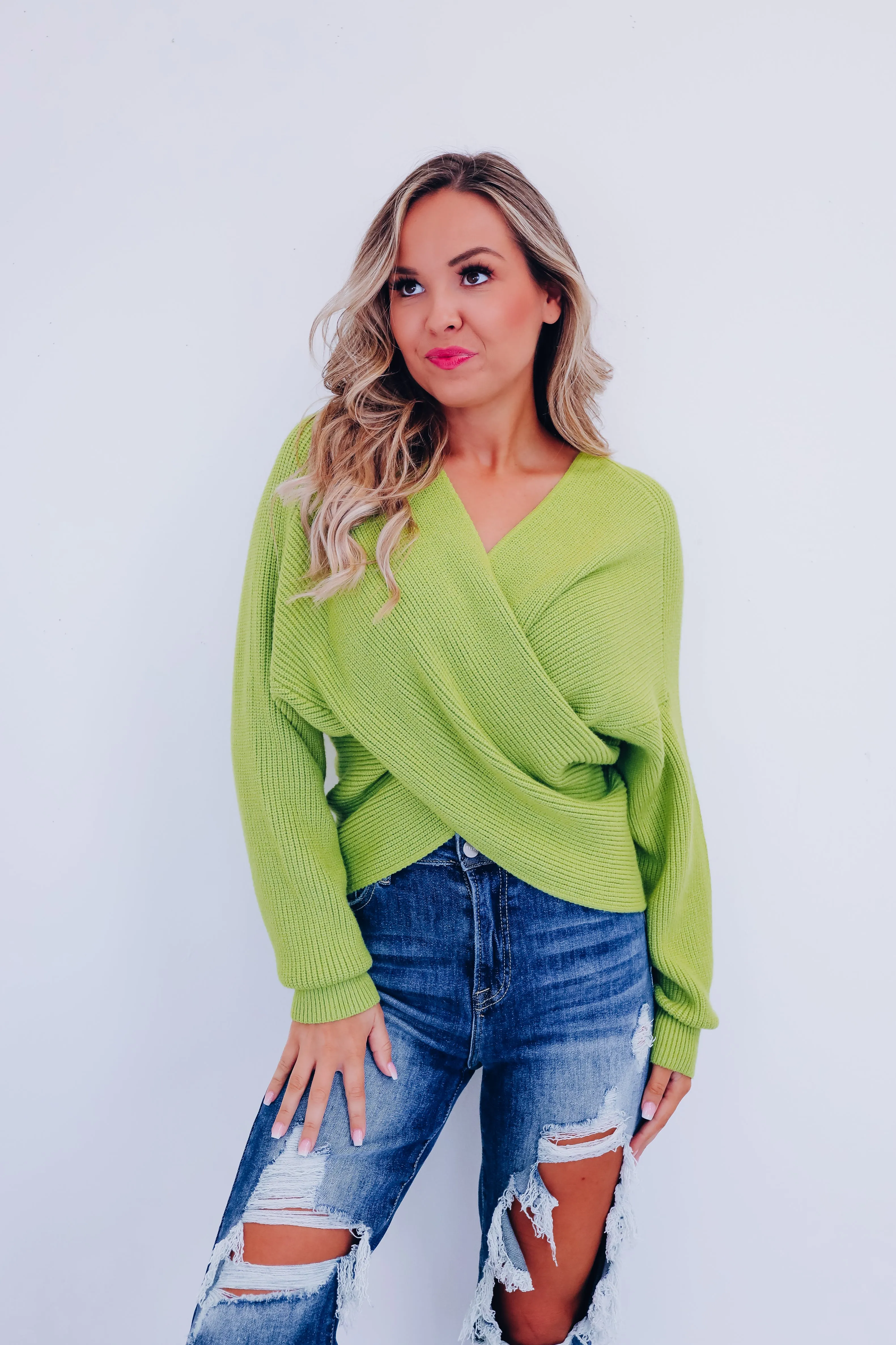 Kerry Crossover Dolman Sleeve Sweater - Lime