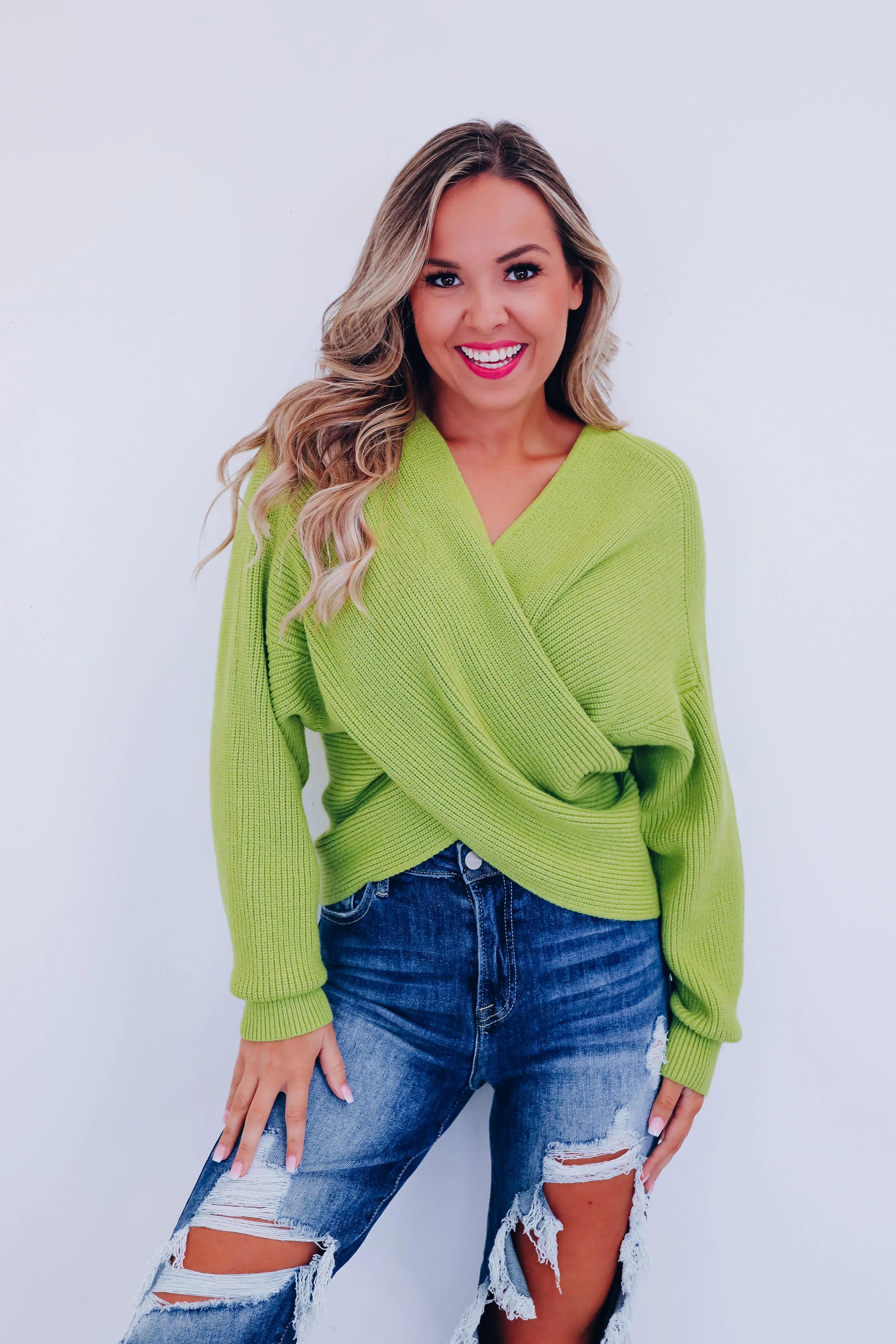 Kerry Crossover Dolman Sleeve Sweater - Lime