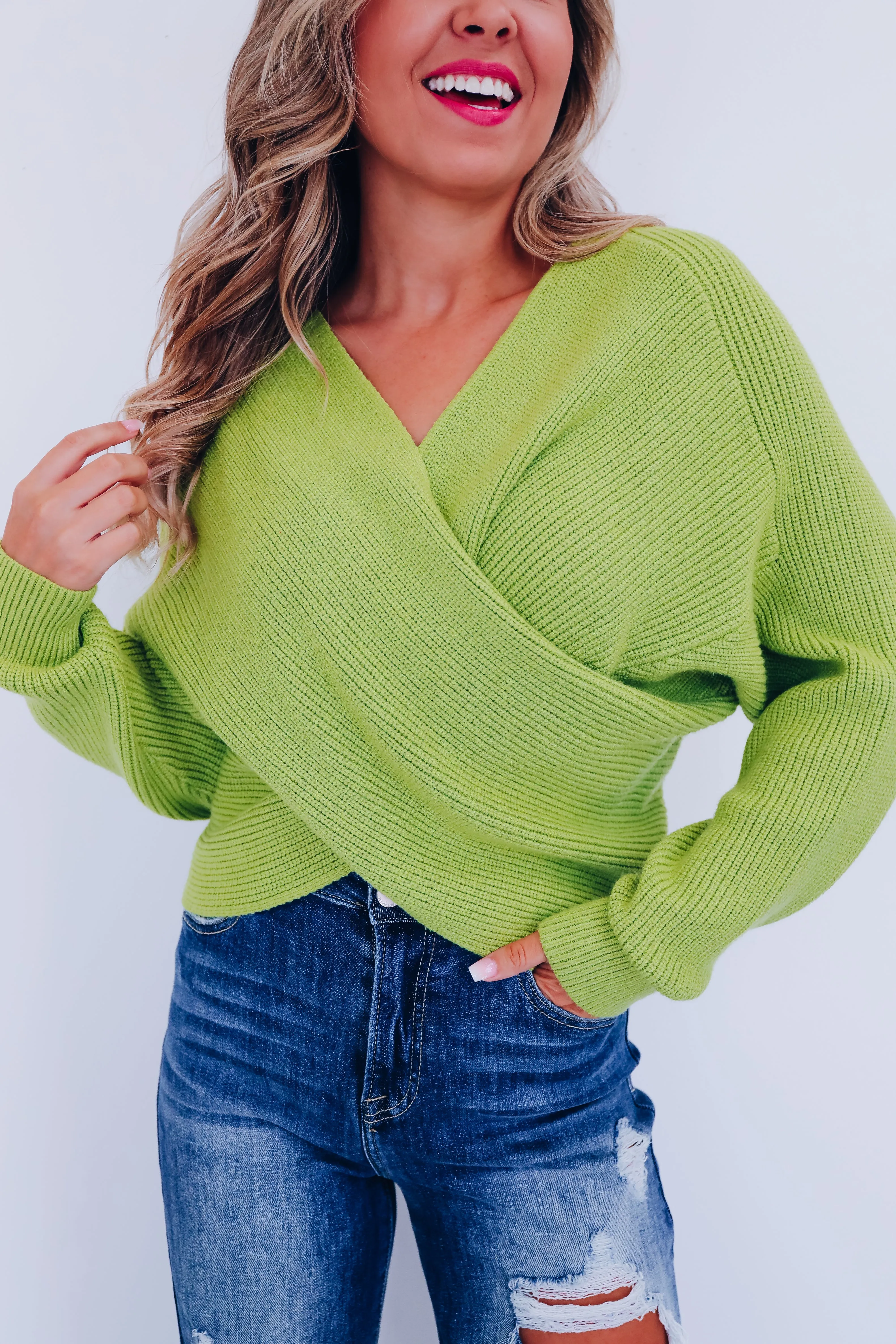 Kerry Crossover Dolman Sleeve Sweater - Lime