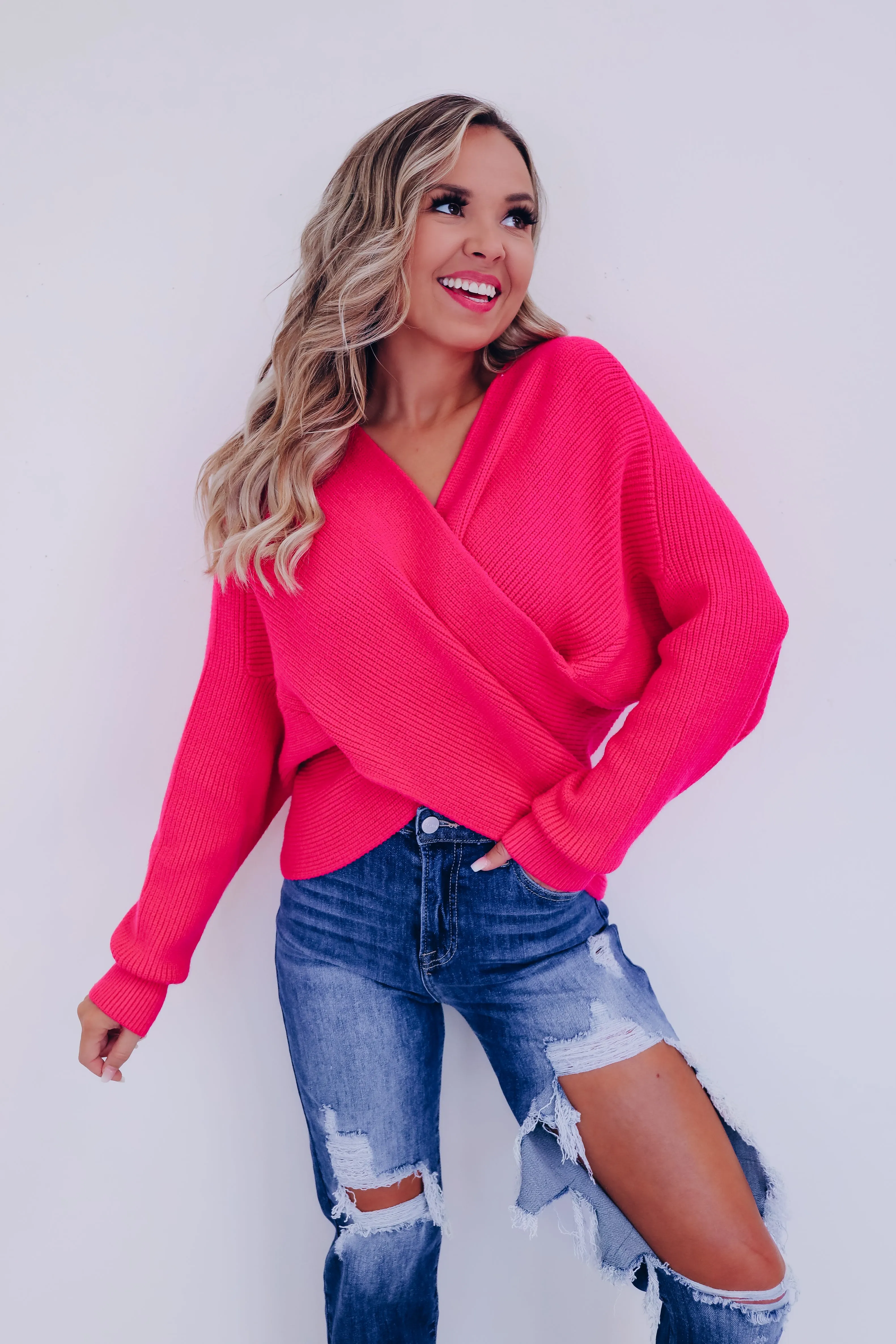 Kerry Crossover Dolman Sleeve Sweater - Pink
