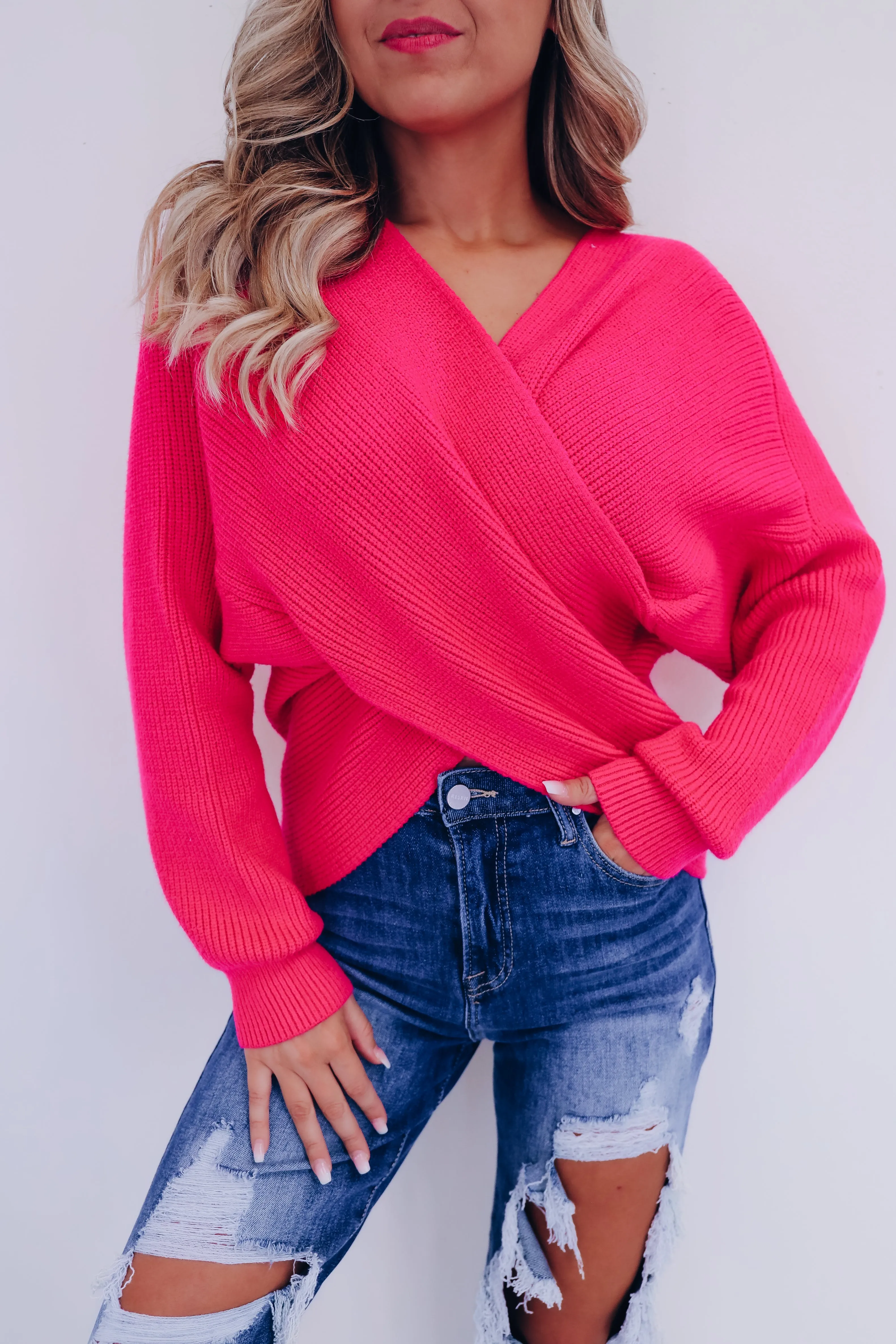 Kerry Crossover Dolman Sleeve Sweater - Pink
