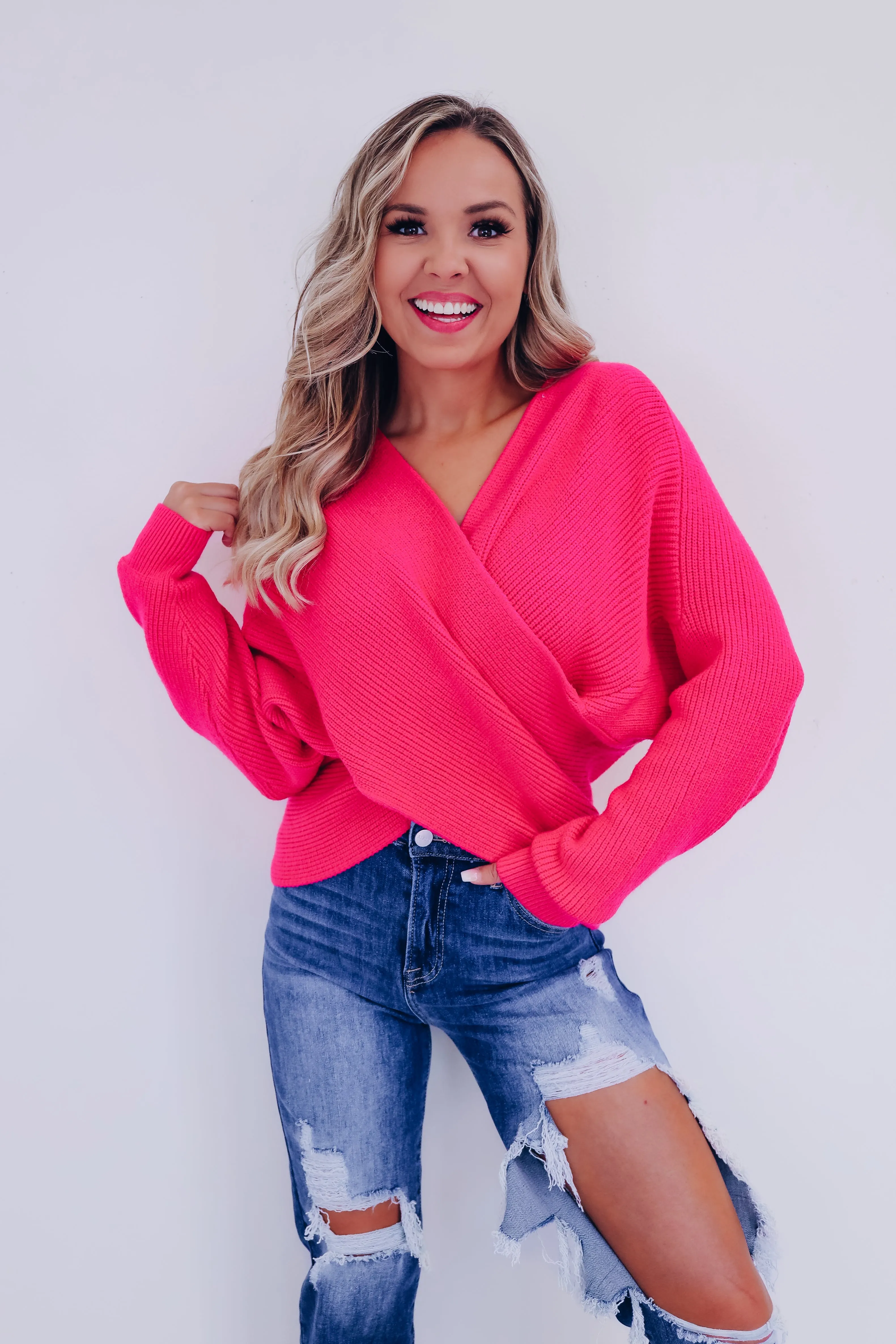 Kerry Crossover Dolman Sleeve Sweater - Pink